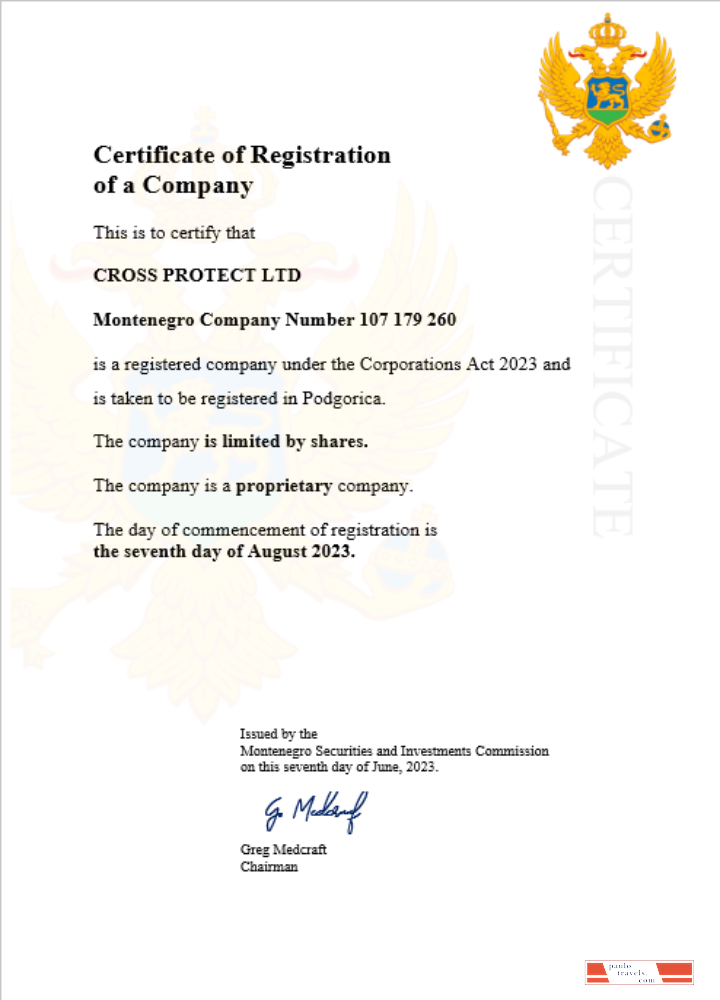 Montenegro company registration certificate Word and PDF template